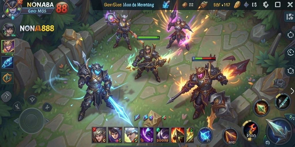 Screenshot gameplay NONA88 yang menampilkan aksi seru dalam pertempuran MOBA.